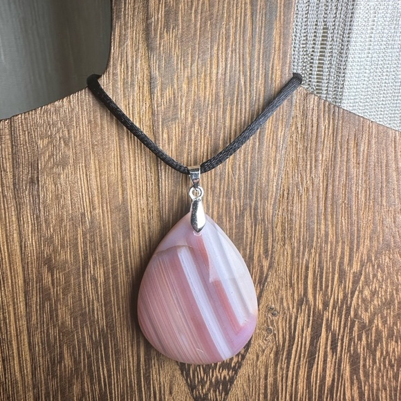 Jewelry - Pink Teardrop Agate Pendant Necklace with Black Cord